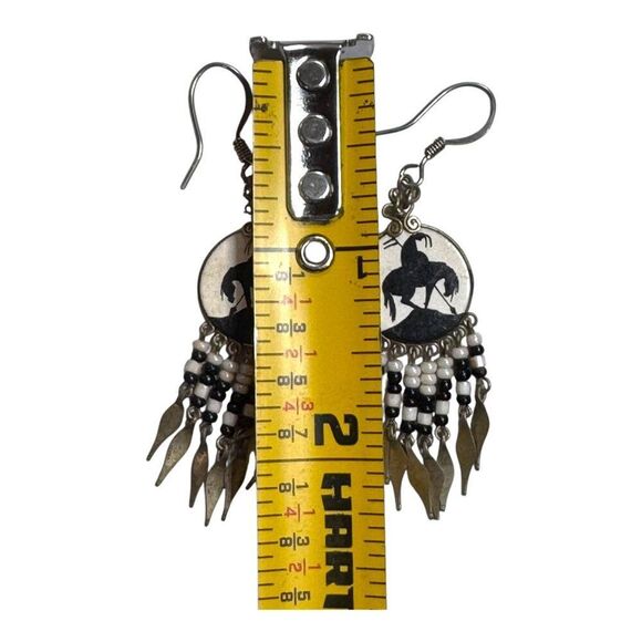 Vintage End Of The Trail Silver & Black Beaded Earrings Silhouette Dangling Drop - Picture 4 of 6